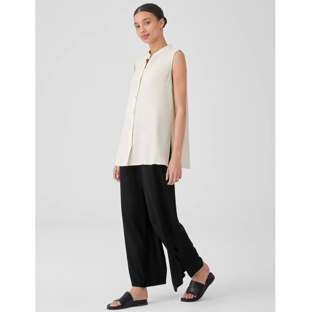 Eileen Fisher Silk Georgette Crepe Sleeveless V-Neck Shirt Large